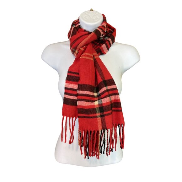 Red Tartan Plaid Scarf – Soft Fringe Winter Wrap Preppy Holiday Style - Picture 2 of 7